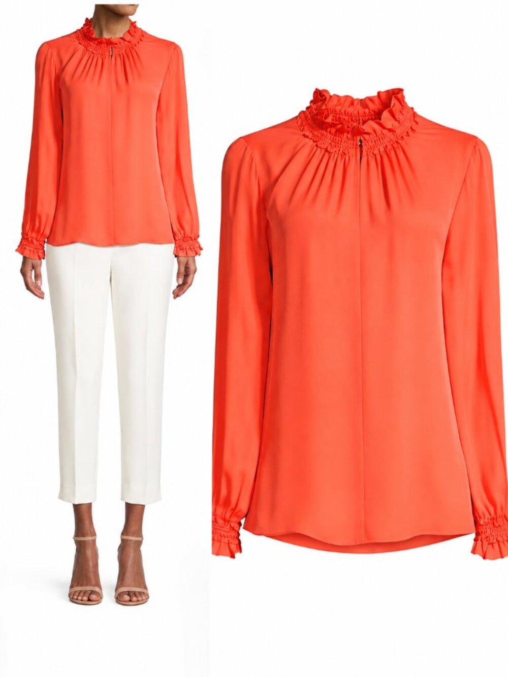 Kobi Halperin Salene Silk Blouse Orange Smocked Ruffle Mock Neck Size S